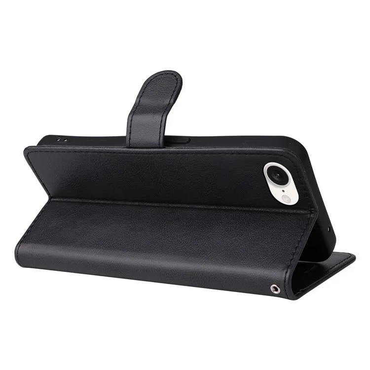 For iPhone 16e Case Solid Color Leather Mobile Cover Wallet Stand with Strap - Black