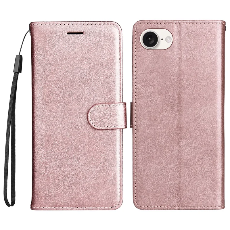 For iPhone 16e Case Effen Kleur Leren Mobiel Cover Portemonnee Stand met Strap - Roségoud