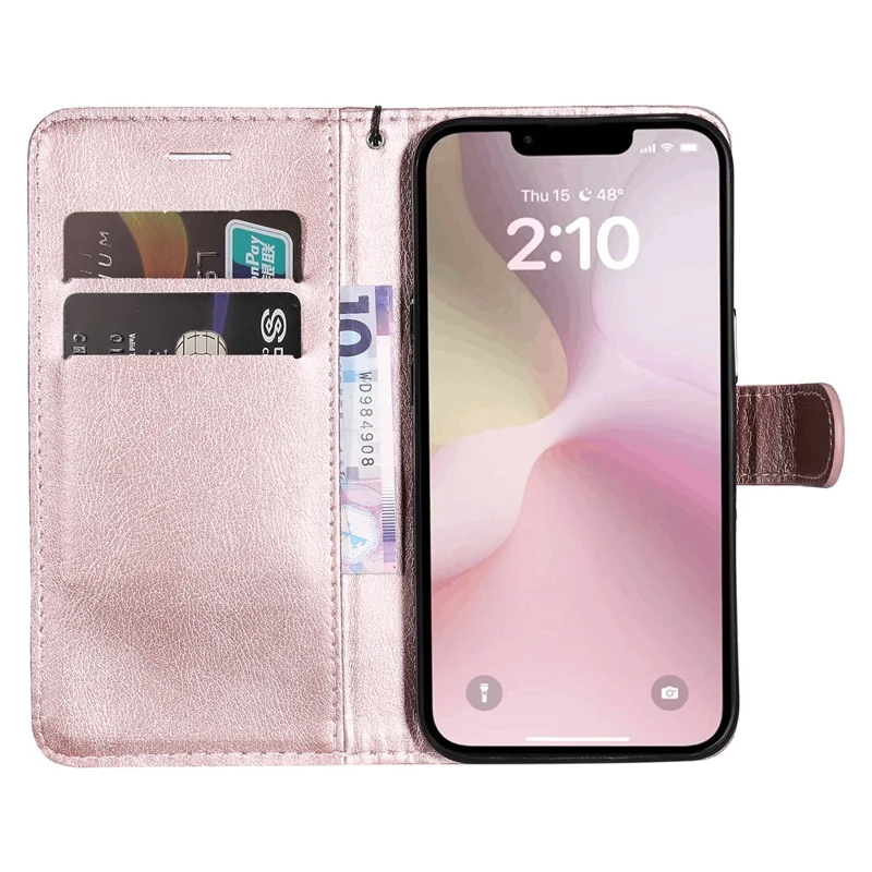 For iPhone 16e Case Effen Kleur Leren Mobiel Cover Portemonnee Stand met Strap - Roségoud