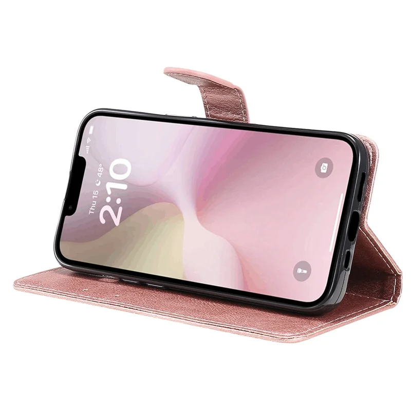 For iPhone 16e Case Effen Kleur Leren Mobiel Cover Portemonnee Stand met Strap - Roségoud