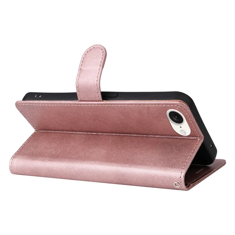 For iPhone 16e Case Effen Kleur Leren Mobiel Cover Portemonnee Stand met Strap - Roségoud