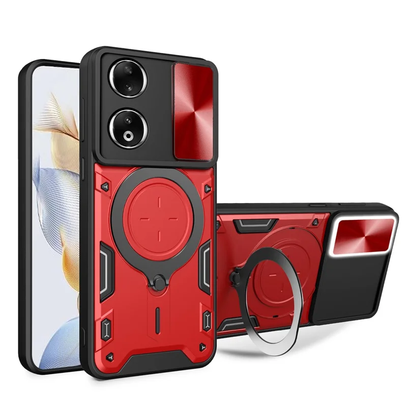 For Honor 90 Cover TPU+PC Phone Protective Shell Slide Camera Lid Kickstand Phone Case - Red