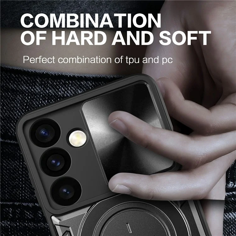 Pour Samsung Galaxy M34 5G Kickstand Case Slide Camera Lid TPU+PC Hybrid Phone Cover - Noir
