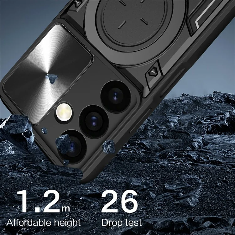 Pour Samsung Galaxy M34 5G Kickstand Case Slide Camera Lid TPU+PC Hybrid Phone Cover - Noir