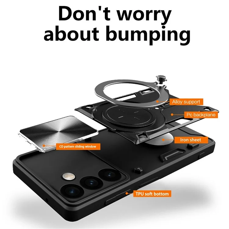 Pour Samsung Galaxy M34 5G Kickstand Case Slide Camera Lid TPU+PC Hybrid Phone Cover - Noir