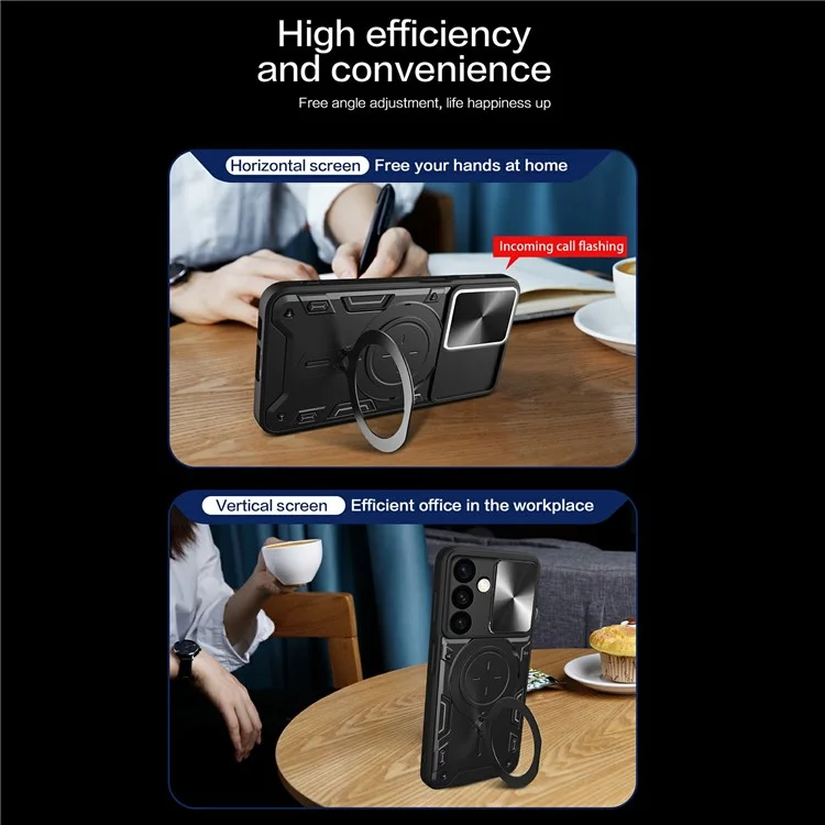 Pour Samsung Galaxy M34 5G Kickstand Case Slide Camera Lid TPU+PC Hybrid Phone Cover - Noir