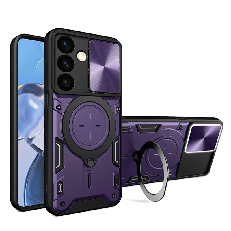 For Samsung Galaxy S24+ Shockproof Case with Slide Camera Lid+Rotatable Kickstand - Purple