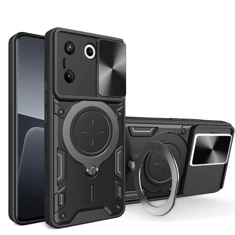 Für TECNO Camon 20 Pro 5G Hülle mit rotierendem Ständer, TPU+PC-Telefonabdeckung mit Schiebeobjektiv-Schutz - Schwarz