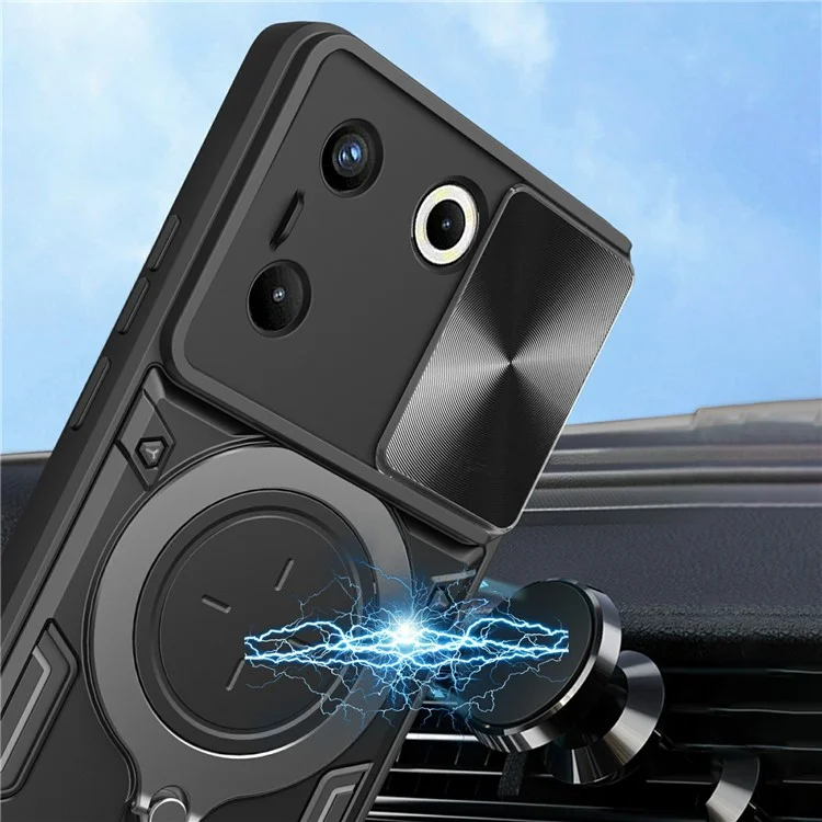 Für TECNO Camon 20 Pro 5G Hülle mit rotierendem Ständer, TPU+PC-Telefonabdeckung mit Schiebeobjektiv-Schutz - Schwarz