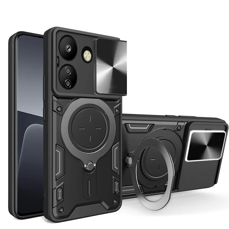 For Xiaomi Redmi 13C 4G / Poco C65 4G Case Slide Camera Lid TPU+PC Hybrid Phone Cover with Kickstand - Black