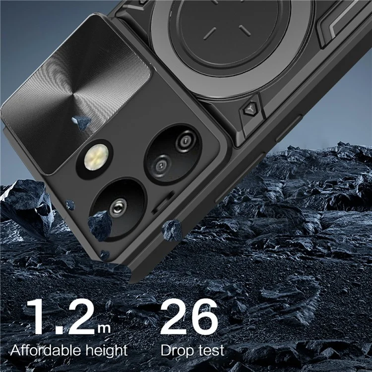 For Xiaomi Redmi 13C 4G / Poco C65 4G Case Slide Camera Lid TPU+PC Hybrid Phone Cover with Kickstand - Black