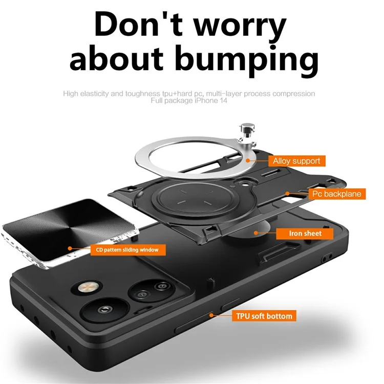 For Xiaomi Redmi 13C 4G / Poco C65 4G Case Slide Camera Lid TPU+PC Hybrid Phone Cover with Kickstand - Black