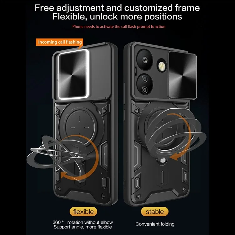 For Xiaomi Redmi 13C 4G / Poco C65 4G Case Slide Camera Lid TPU+PC Hybrid Phone Cover with Kickstand - Black