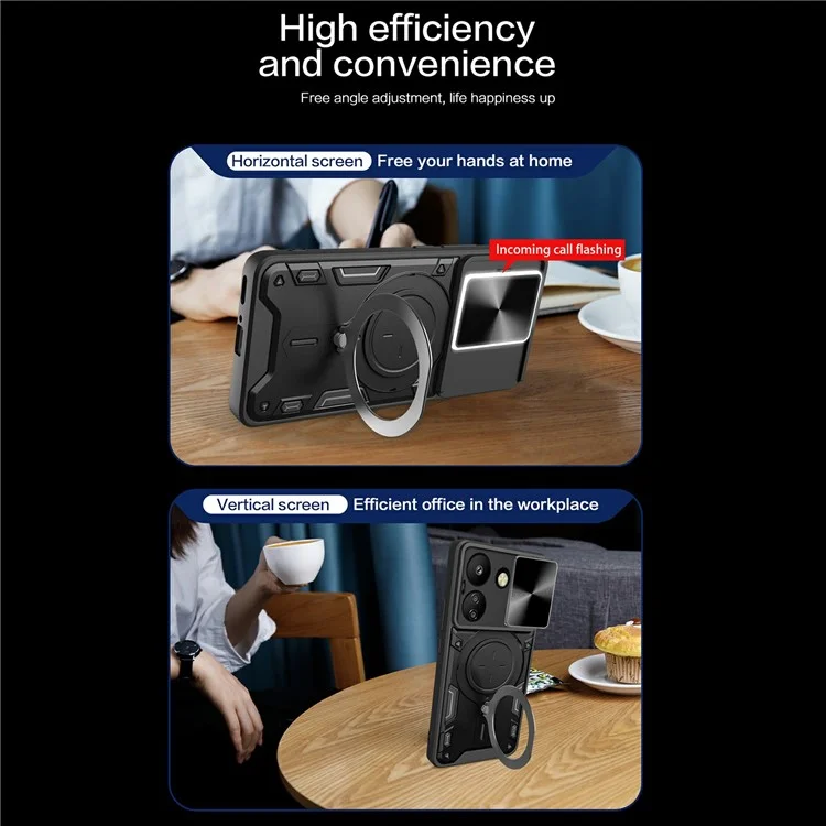 For Xiaomi Redmi 13C 4G / Poco C65 4G Case Slide Camera Lid TPU+PC Hybrid Phone Cover with Kickstand - Black