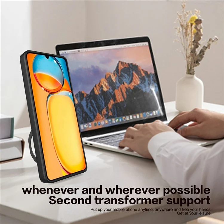 For Xiaomi Redmi 13C 4G / Poco C65 4G Case Slide Camera Lid TPU+PC Hybrid Phone Cover with Kickstand - Black