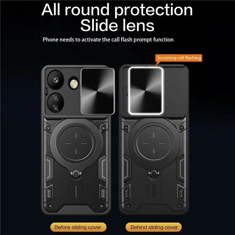 For Xiaomi Redmi 13C 4G / Poco C65 4G Case Slide Camera Lid TPU+PC Hybrid Phone Cover with Kickstand - Black