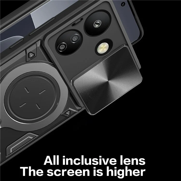 For Xiaomi Redmi 13C 4G / Poco C65 4G Case Slide Camera Lid TPU+PC Hybrid Phone Cover with Kickstand - Black