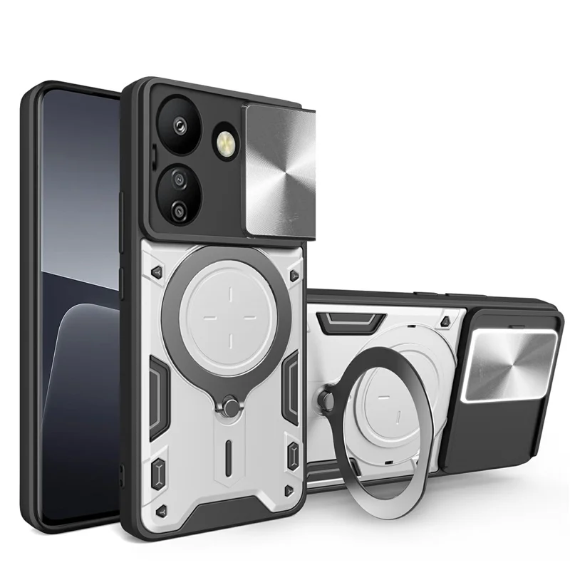 For Xiaomi Redmi 13C 4G / Poco C65 4G Case Slide Camera Lid TPU+PC Hybrid Phone Cover with Kickstand - Silver