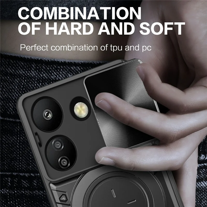 For Xiaomi Redmi 13C 4G / Poco C65 4G Case Slide Camera Lid TPU+PC Hybrid Phone Cover with Kickstand - Silver