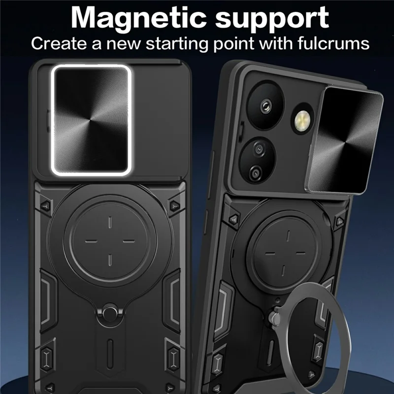 For Xiaomi Redmi 13C 4G / Poco C65 4G Case Slide Camera Lid TPU+PC Hybrid Phone Cover with Kickstand - Silver
