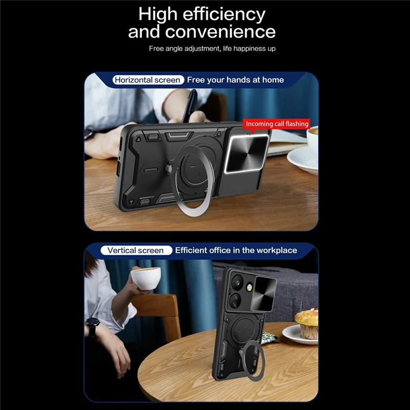 For Xiaomi Redmi 13C 4G / Poco C65 4G Case Slide Camera Lid TPU+PC Hybrid Phone Cover with Kickstand - Silver