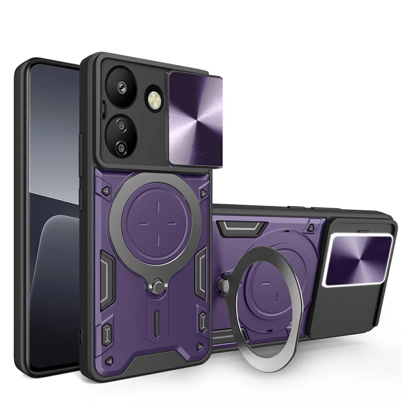 Para Xiaomi Redmi 13C 4G / Poco C65 4G Funda Tapa Deslizante de Cámara TPU+PC Híbrida Funda de Teléfono con Soporte - Púrpura