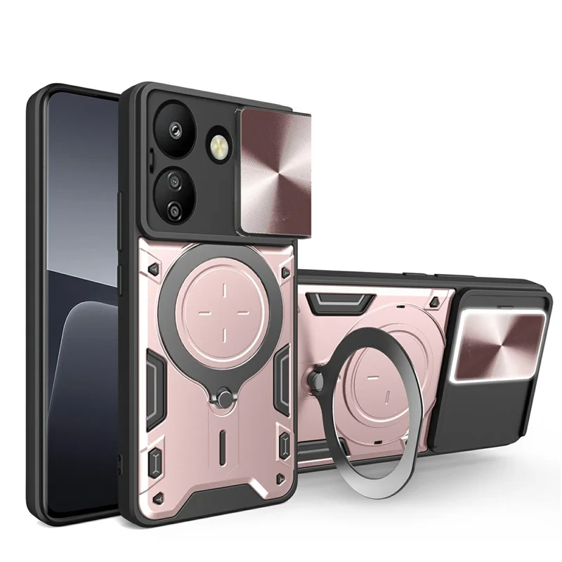 Para Xiaomi Redmi 13C 4G / Poco C65 4G Capa Slide Camera Lid TPU+PC Híbrida Capa de Telefone com Suporte - Rosa
