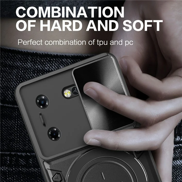 For TECNO Pova 5G Case Slide Camera Lid TPU+PC Phone Cover with Kickstand - Black