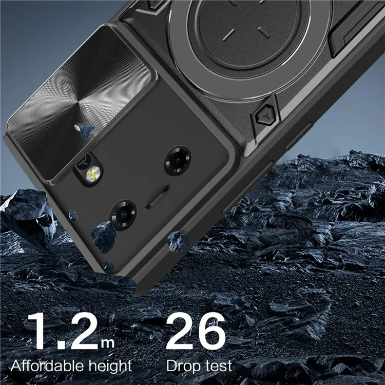 For TECNO Pova 5G Case Slide Camera Lid TPU+PC Phone Cover with Kickstand - Black