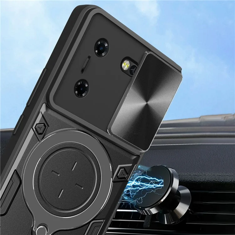 For TECNO Pova 5G Case Slide Camera Lid TPU+PC Phone Cover with Kickstand - Black