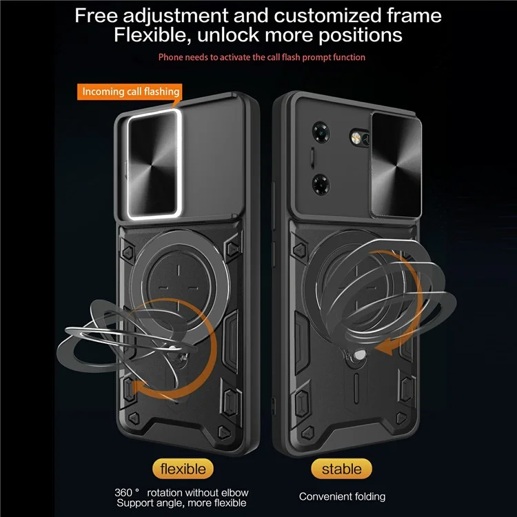 For TECNO Pova 5G Case Slide Camera Lid TPU+PC Phone Cover with Kickstand - Black
