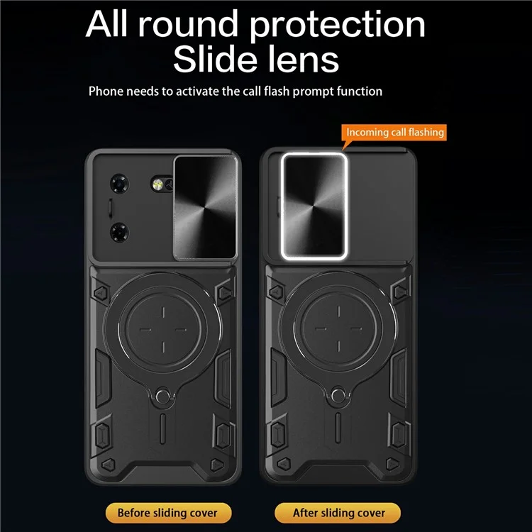 For TECNO Pova 5G Case Slide Camera Lid TPU+PC Phone Cover with Kickstand - Black