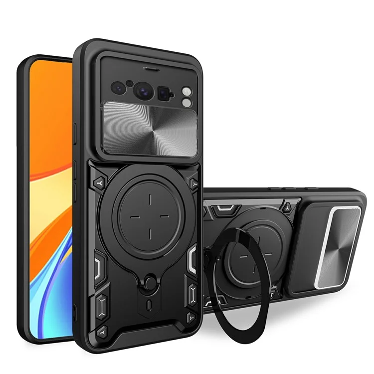 For Google Pixel 8 Pro Case Kickstand TPU+PC Phone Shell with Slide Lens Cover - Black