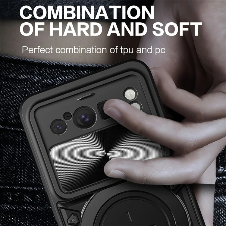 For Google Pixel 8 Pro Case Kickstand TPU+PC Phone Shell with Slide Lens Cover - Black