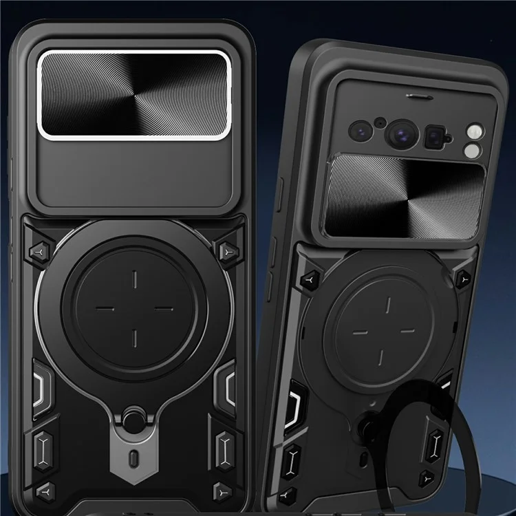 For Google Pixel 8 Pro Case Kickstand TPU+PC Phone Shell with Slide Lens Cover - Black