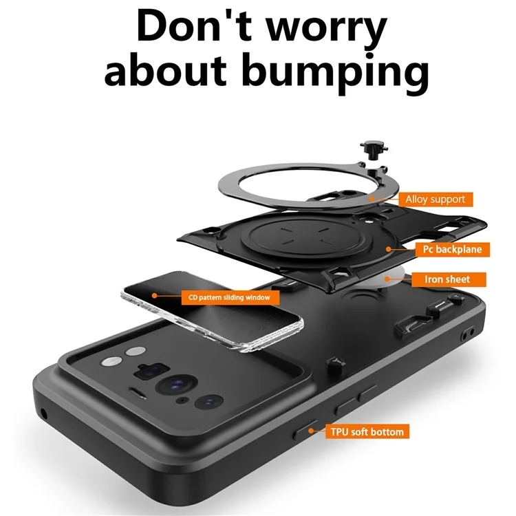 For Google Pixel 8 Pro Case Kickstand TPU+PC Phone Shell with Slide Lens Cover - Black