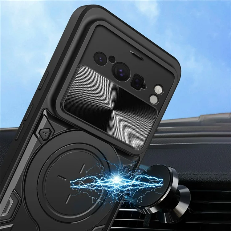 For Google Pixel 8 Pro Case Kickstand TPU+PC Phone Shell with Slide Lens Cover - Black