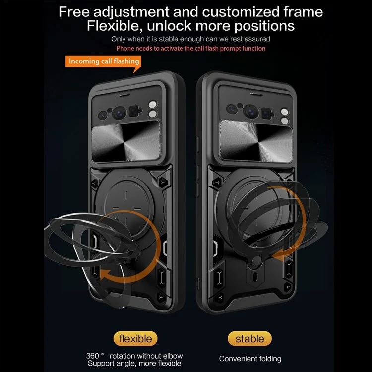For Google Pixel 8 Pro Case Kickstand TPU+PC Phone Shell with Slide Lens Cover - Black
