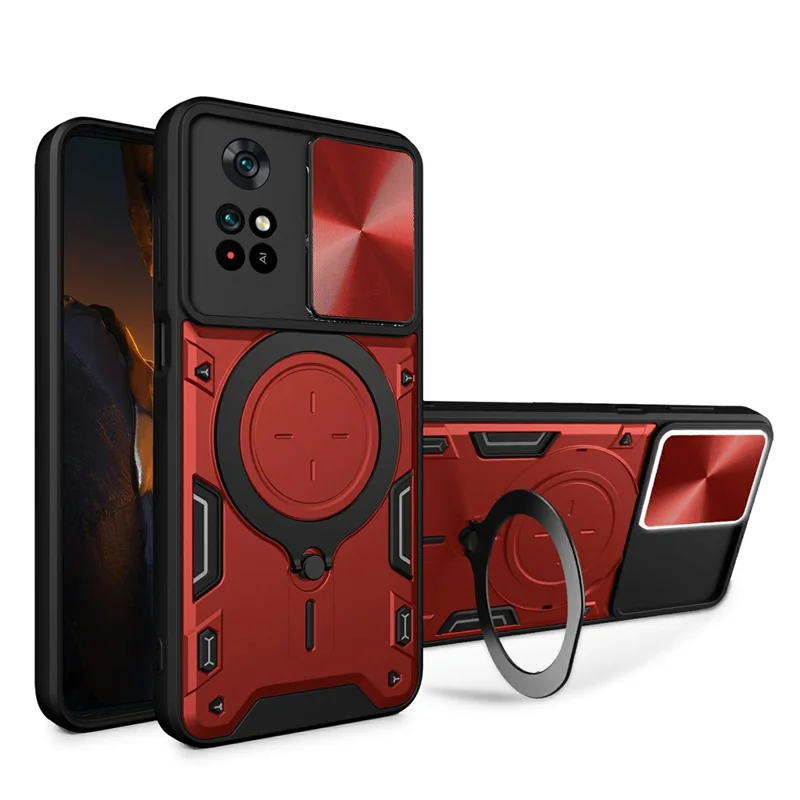 For Xiaomi Poco M4 Pro 4G Kickstand Case TPU+PC Phone Cover with Slide Lens Shield - Red