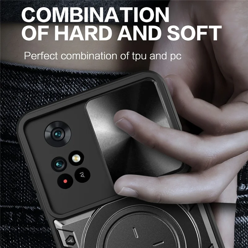 For Xiaomi Poco M4 Pro 4G Kickstand Case TPU+PC Phone Cover with Slide Lens Shield - Silver