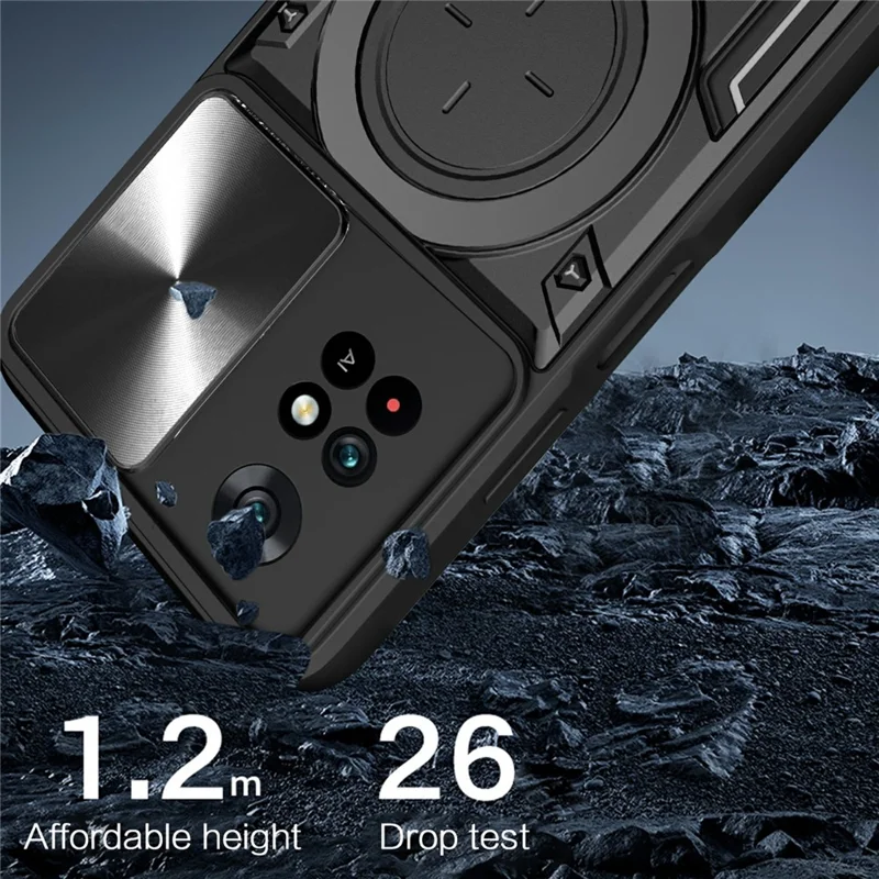 For Xiaomi Poco M4 Pro 4G Kickstand Case TPU+PC Phone Cover with Slide Lens Shield - Silver