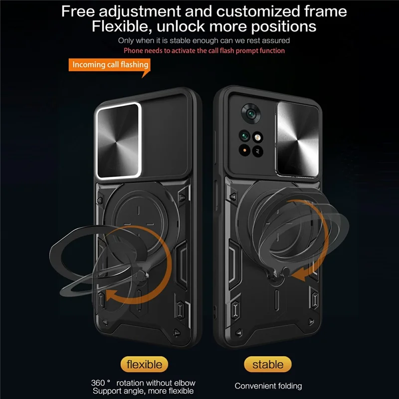 For Xiaomi Poco M4 Pro 4G Kickstand Case TPU+PC Phone Cover with Slide Lens Shield - Silver