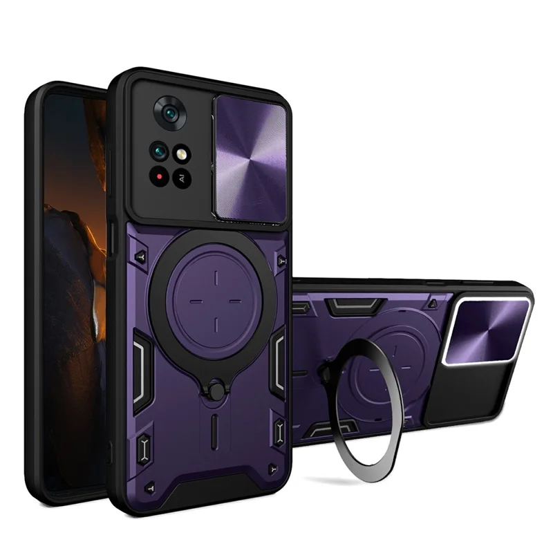 For Xiaomi Poco M4 Pro 4G Kickstand Case TPU+PC Phone Cover with Slide Lens Shield - Purple