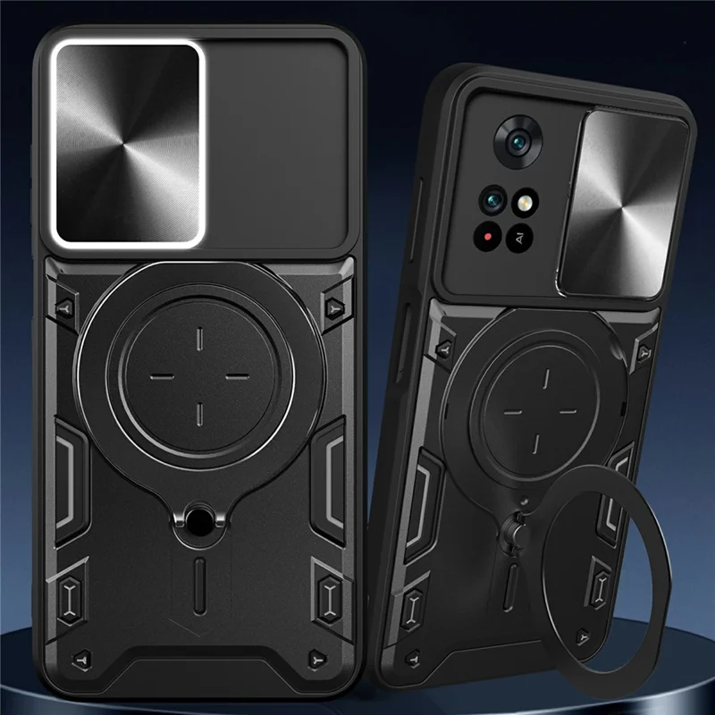 For Xiaomi Poco M4 Pro 4G Kickstand Case TPU+PC Phone Cover with Slide Lens Shield - Purple