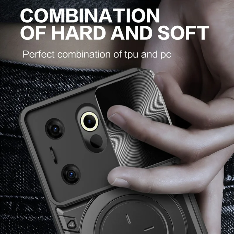 For TECNO Camon 20 Premier 5G Kickstand Case Slide Lens Cover TPU+PC Phone Shell - Black