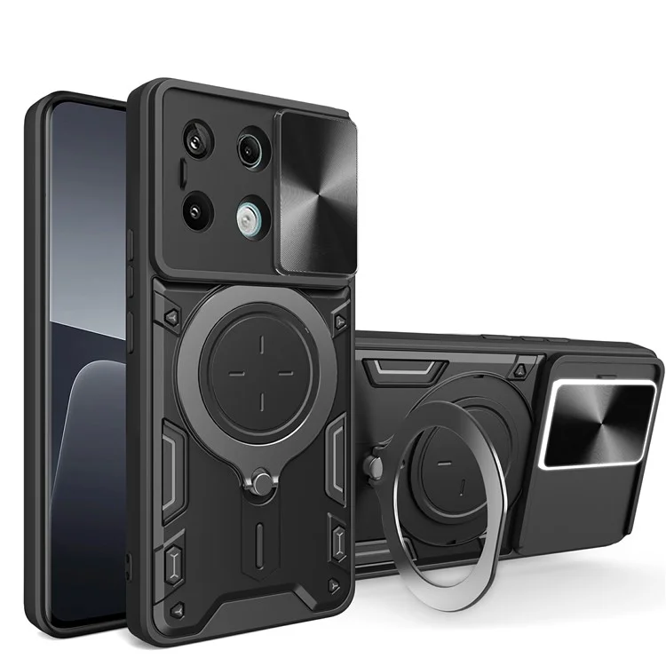 Para Xiaomi Redmi Note 13 Pro 5G / Poco X6 5G Caja Soporte TPU+PC Cubierta de Teléfono con Tapa de Lente Deslizante - Negro