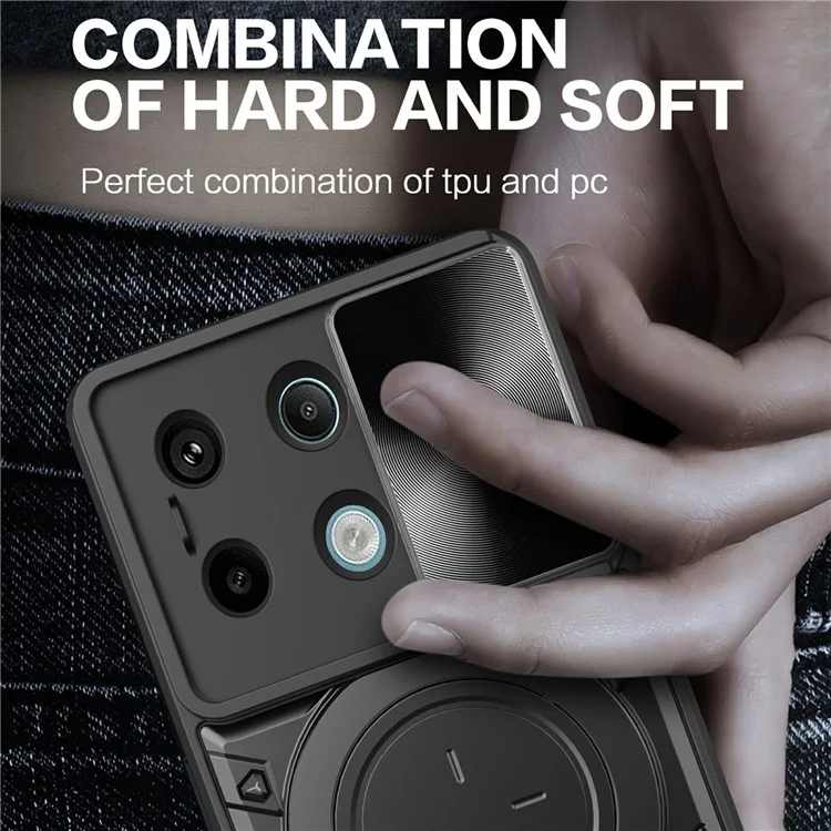 Para Xiaomi Redmi Note 13 Pro 5G / Poco X6 5G Caja Soporte TPU+PC Cubierta de Teléfono con Tapa de Lente Deslizante - Negro