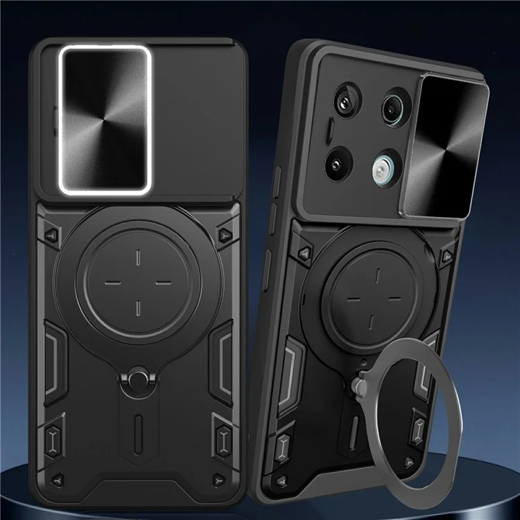 Para Xiaomi Redmi Note 13 Pro 5G / Poco X6 5G Caja Soporte TPU+PC Cubierta de Teléfono con Tapa de Lente Deslizante - Negro