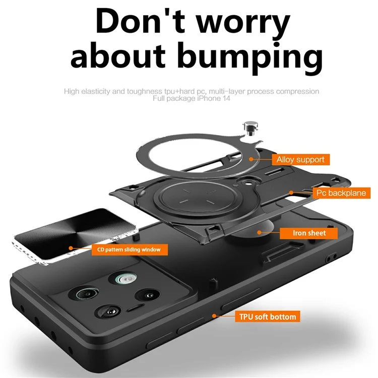 Para Xiaomi Redmi Note 13 Pro 5G / Poco X6 5G Caja Soporte TPU+PC Cubierta de Teléfono con Tapa de Lente Deslizante - Negro