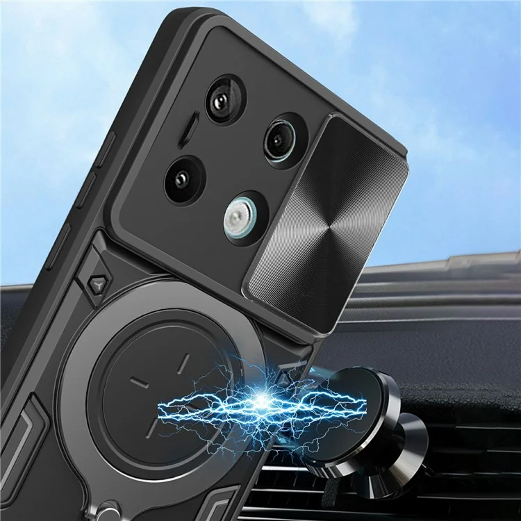 Para Xiaomi Redmi Note 13 Pro 5G / Poco X6 5G Caja Soporte TPU+PC Cubierta de Teléfono con Tapa de Lente Deslizante - Negro